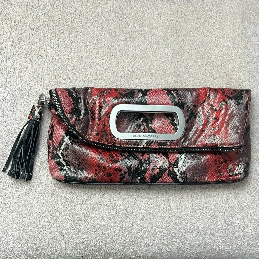 BCBGMaxAzria Clutch Purse Red/Black Exotic Zipper Tassel Handbag Foldable Clean